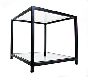Glass Top & Botton Shelf Black Metal Frame Side Table